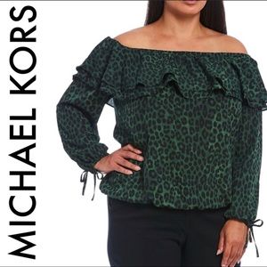 MICHAEL KORS NWT GREEN BLACK LEOPARD CREPE RUFFLE TIE LONG SLEEVE TOP SIZE 3X